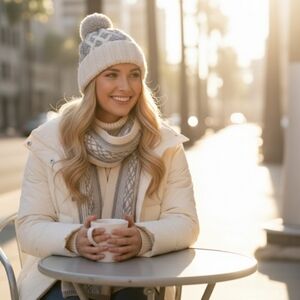 NWT Rag & Bone $150 100% Wool Cable Knit Pom Hat Beanie Ivory Light Grey